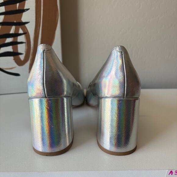 Zac Posen Silver Holographic Pointed Toe Slip On Block Heel Leather Pumps 8.5 - Picture 5 of 10